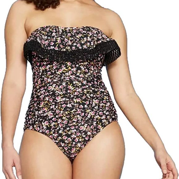 Kona Sol Other - NEW Black Floral Removeable Adjustable Straps Built In Bra 1 Pc Ruffle Swimsuit
